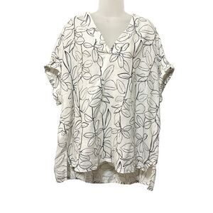 Cynthia Rowley Womens 1X Black White Leaf Print 100% Linen Short Sleeve Top